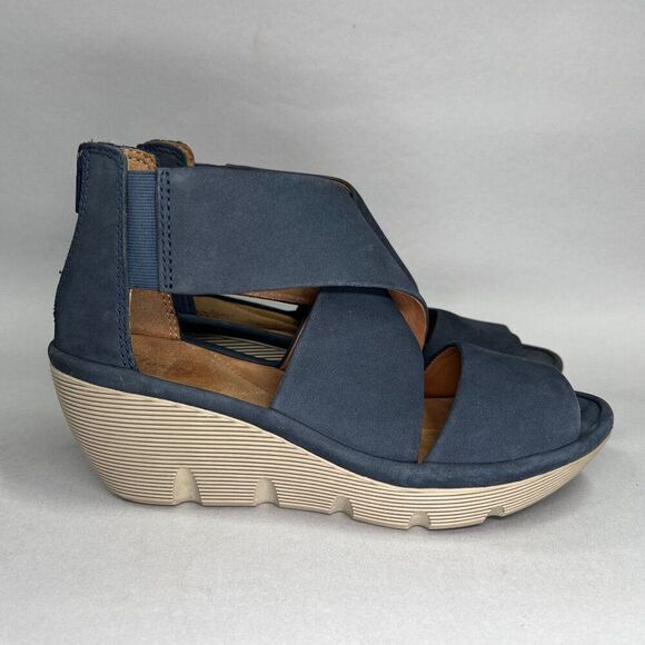 Clarks Artisan Clarene Galmor Sandals Women's Size 6.5 Blue Leather Wedge Sandal - Picture 1 of 12